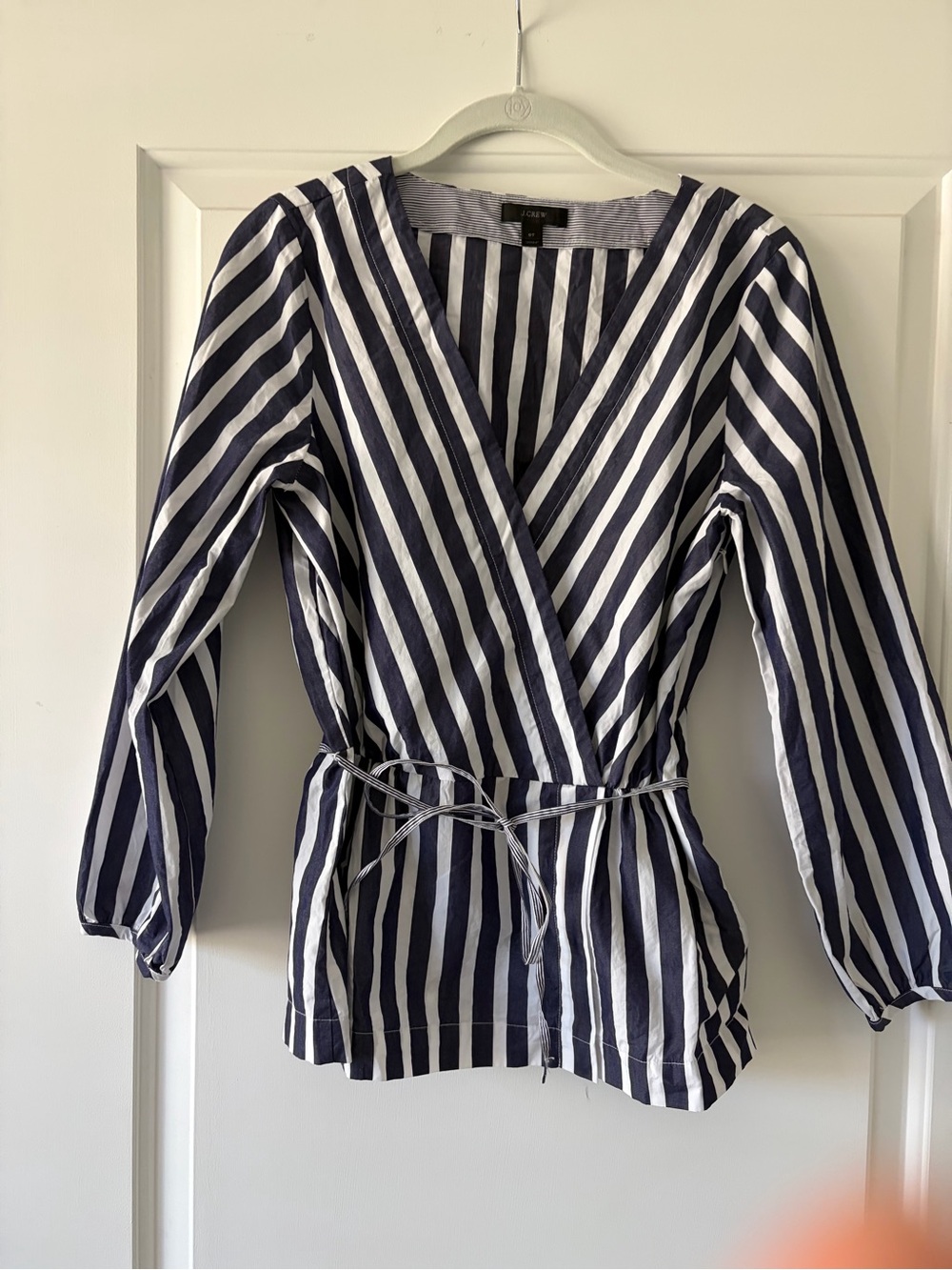 J. Crew Navy and White Striped Wrap Blouse